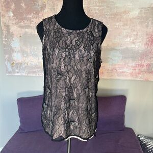 RW&CO. Light Taupe and Black Lace  Blouse‎ with Beading Size Large
